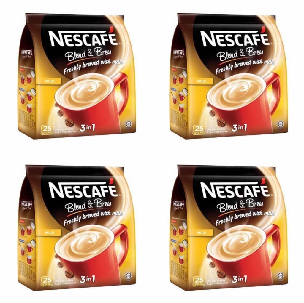 4 Pack Nescafe Mild Blend & Brew 3 in 1 Instant Coffee Imported from Nestle Malaysia (4 x 25 Sticks) Free Express Delivery