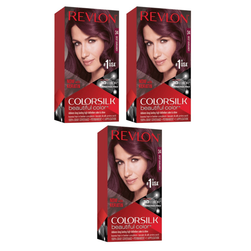 Revlon Colorsilk Beautiful Color Permanent Hair Dye With Keratin,  Ammonia Free, 34 Deep Burgundy (Pack of 3)