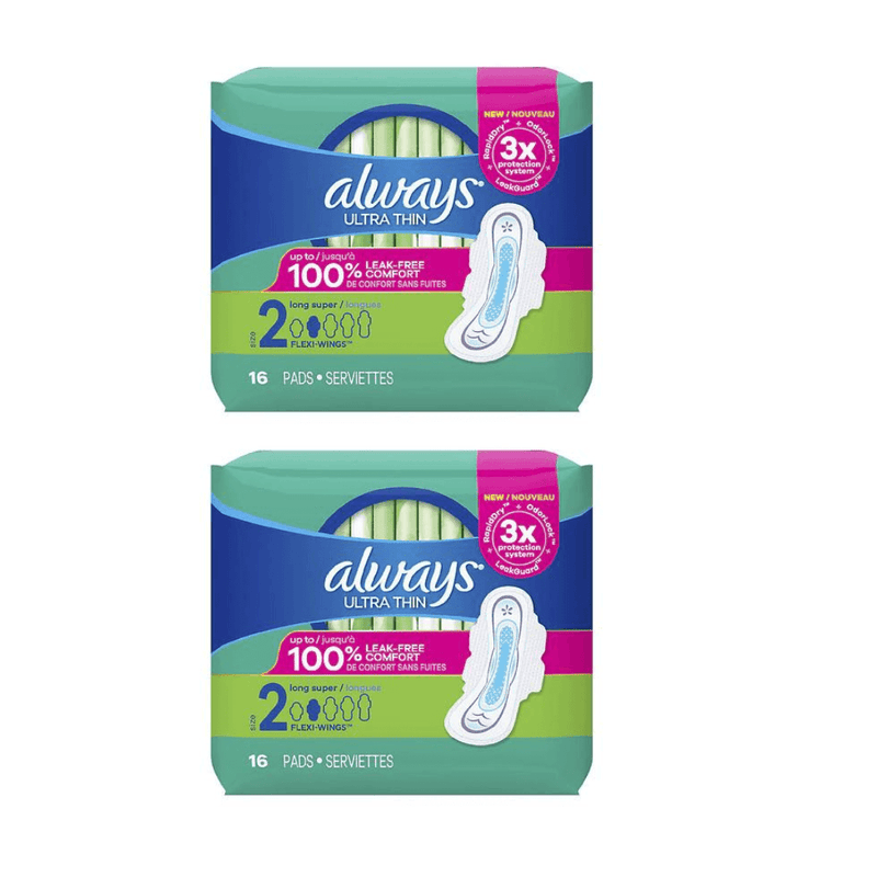 Always Ultra Thin Pads Size 2, Long Super Unscented With Wings 16 Pads (Pack of 2)