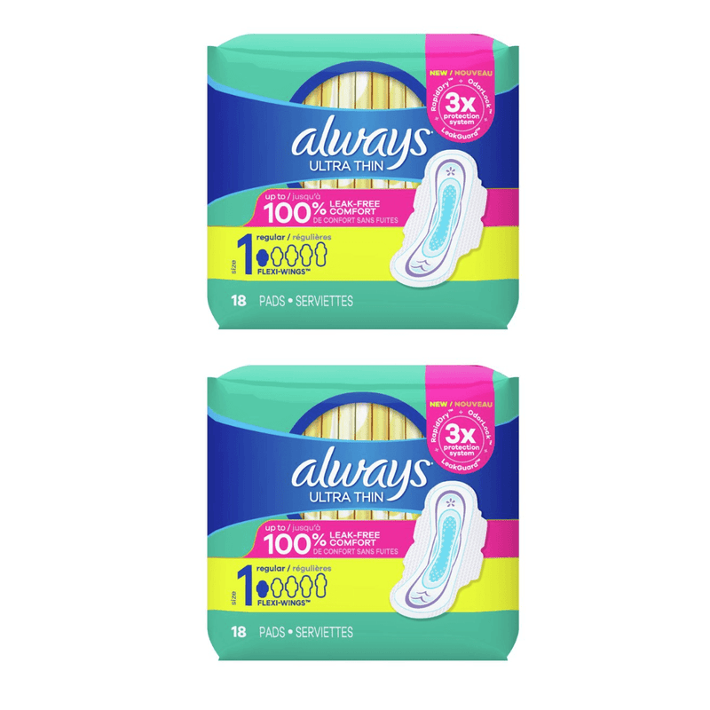 Always Size 1 Ultra Thin Pads With Wings, Regular, Unscented, 18 Ct (Pack of 2)