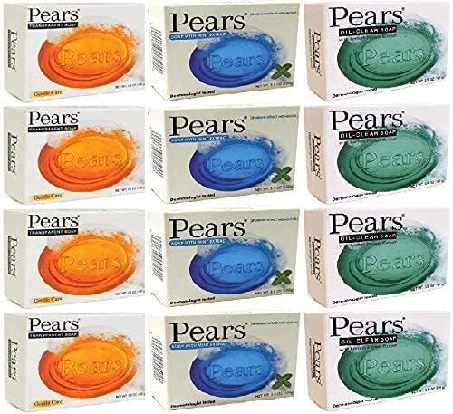 Pears Bar Soap Variety Pack 12 Mint Extract, Lemon & Original 3.5oz/100g