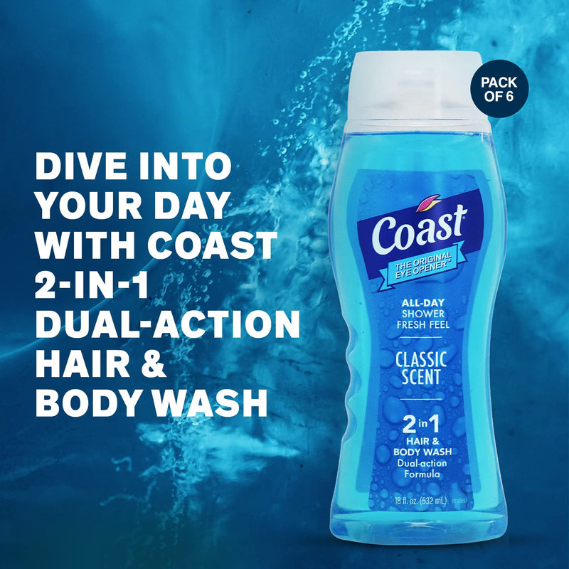 Coast 2-in-1 Hair And Body Wash, Classic Scent 18oz - Pack of 6