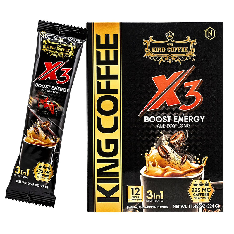 TNI King Coffee 3in1 X3 Instant Vietnamese Boost Energy Coffee Packets, 12 Sticks Per Box