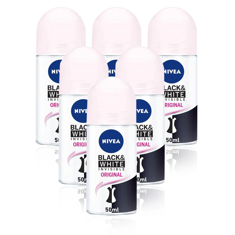 Nivea Black & White Invisible Anti-Perspirant Deodorant Roll On 50ml - Pack of 6