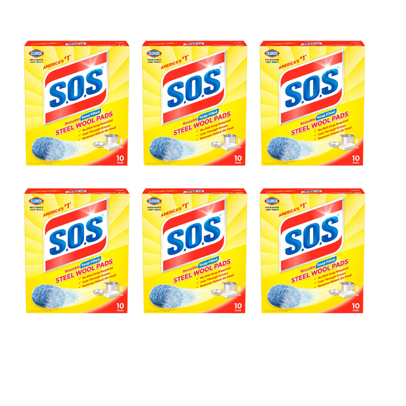 S.O.S Steel Wool Soap Pads 10 Count - Pack of 6 (Total 60 Pads)