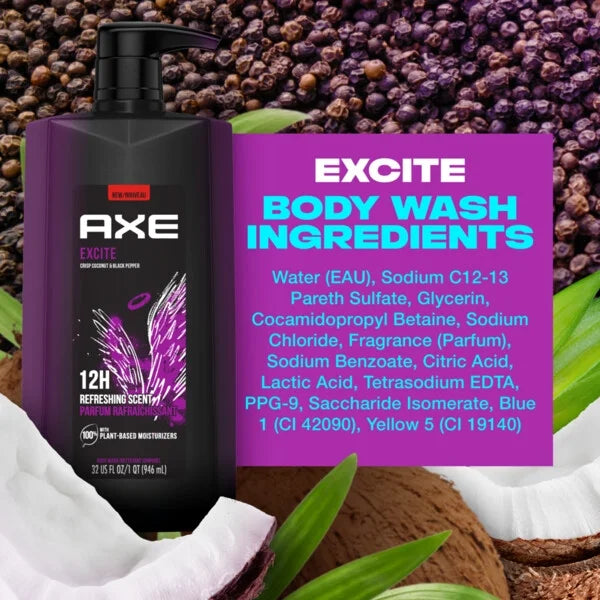 Axe Excite Body Wash All Skin Crisp Coconut & Black Pepper 1LT - Pack of 2