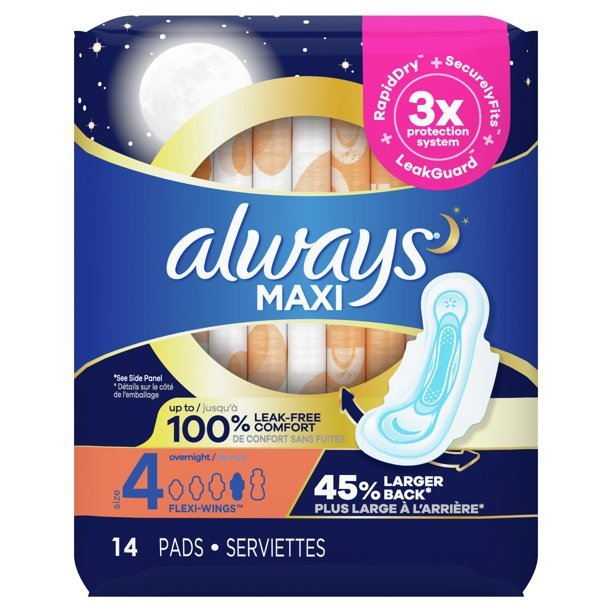 Always Maxi Pads, Size 4 Overnight Absorbency Unscented with Wings, 14 Ct