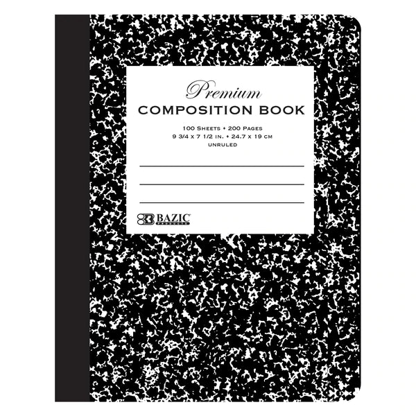 Bazic Composition Book Unruled Premium Black Marble - 100 Sheets, 200 Pages