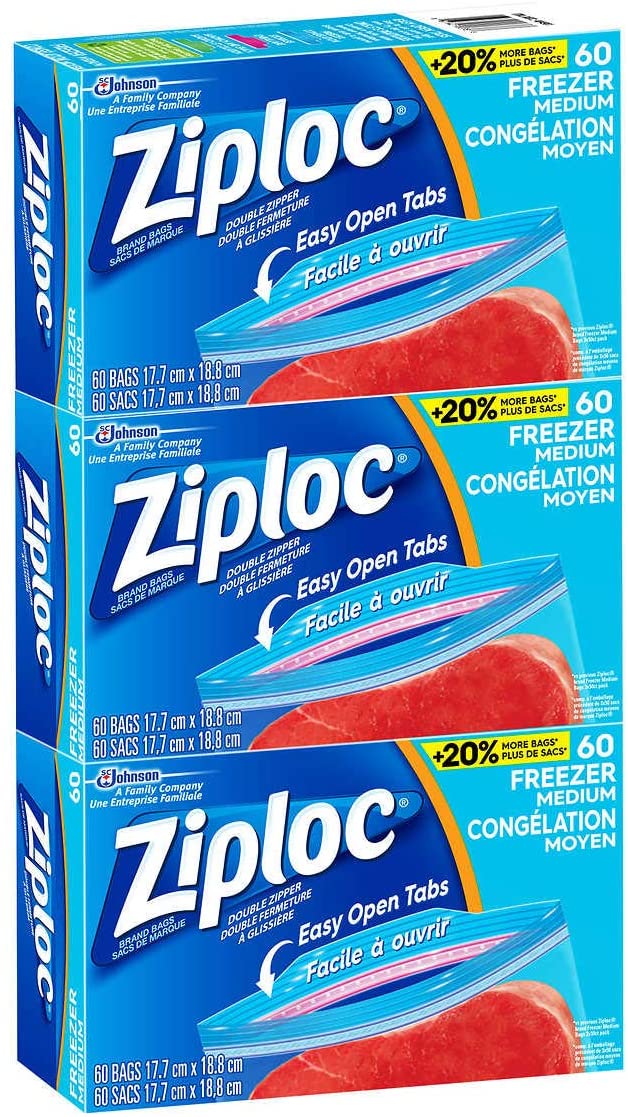 Ziploc Medium Freezer Bags  (3 packs of 60)