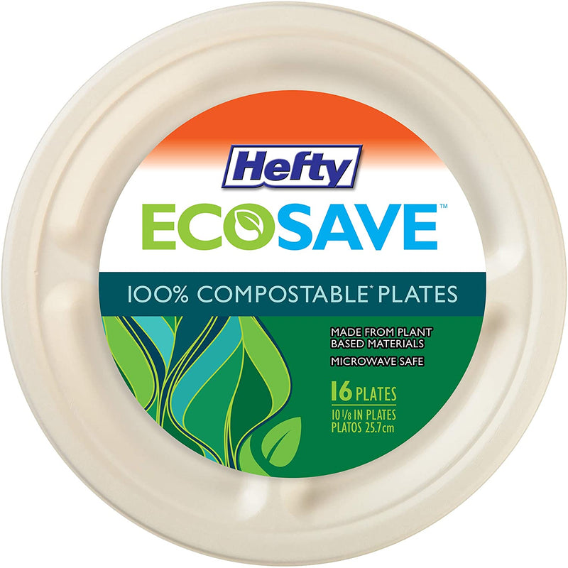 Hefty Ecosave 100% Compostable Plates, 10 1/8" - 16 Count