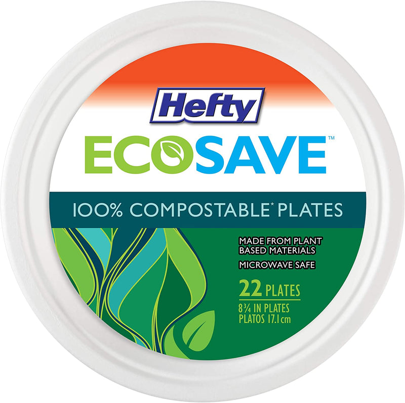 Hefty Ecosave 100% Compostable Paper Plates, 8 3/4" - 22 Count