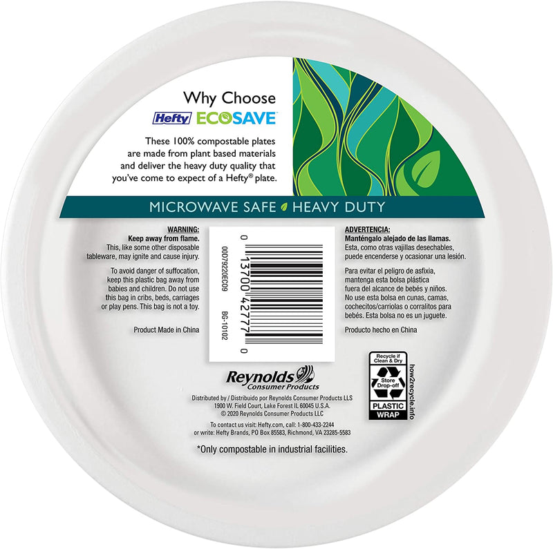 Hefty Ecosave 100% Compostable Paper Plates, 8 3/4" - 22 Count