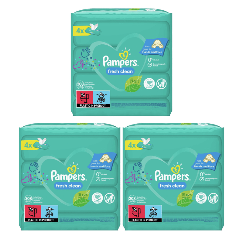 Pampers Fresh Clean Baby Wipes 3x4x52 - Total Of 624 Wipes