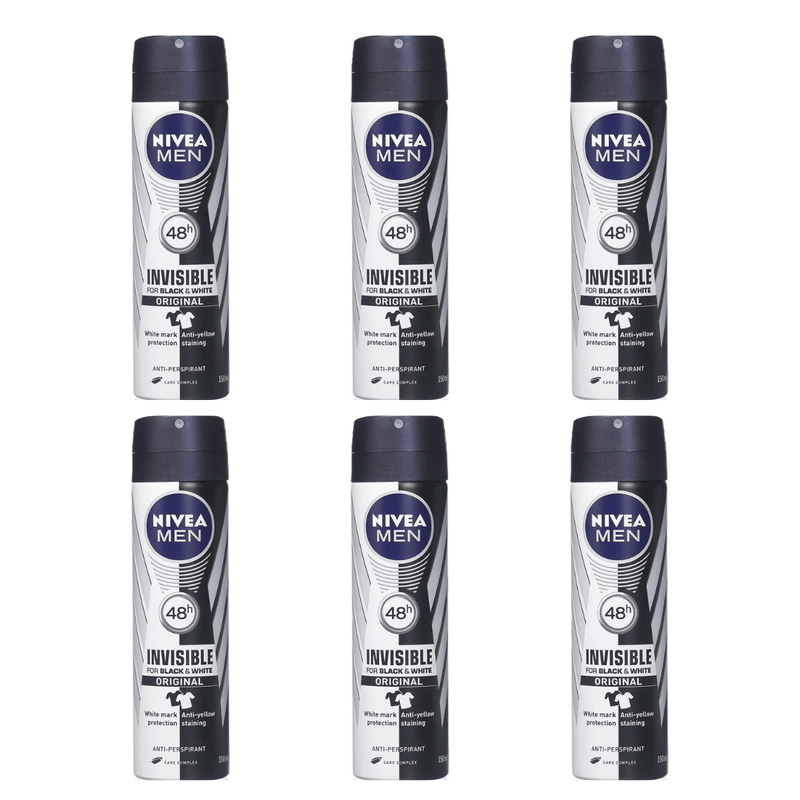Nivea MEN Anti-Perspirant Black & White 48-Hour Invisible Spray Deodorant 150ml - Pack of 6