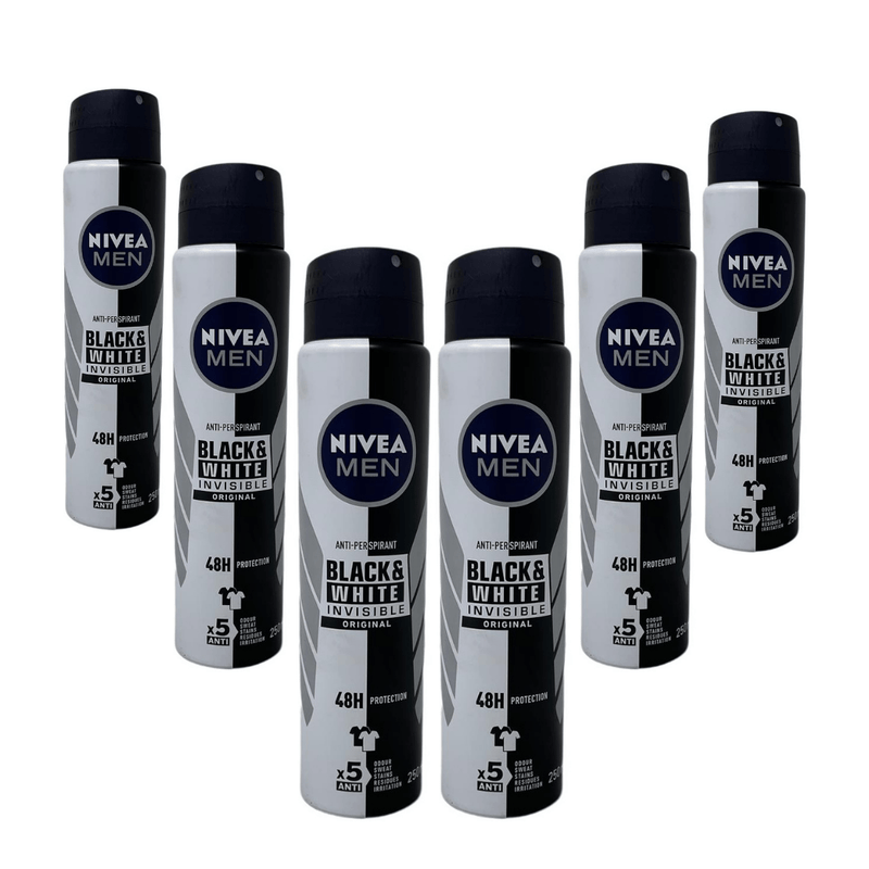 Nivea Men Anti-Perspirant Black & White Invisible Spray Deodorant 250ml - Pack of 6
