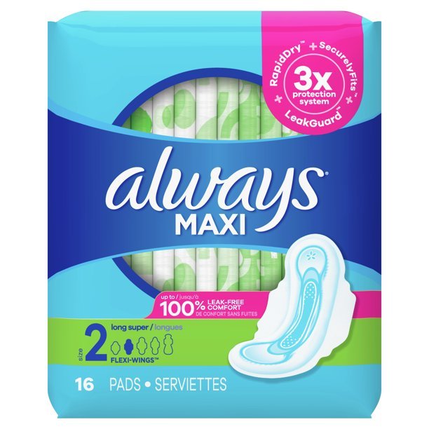 Always Maxi Pads Unscented with Wings Long, Size 2 - 16 Count